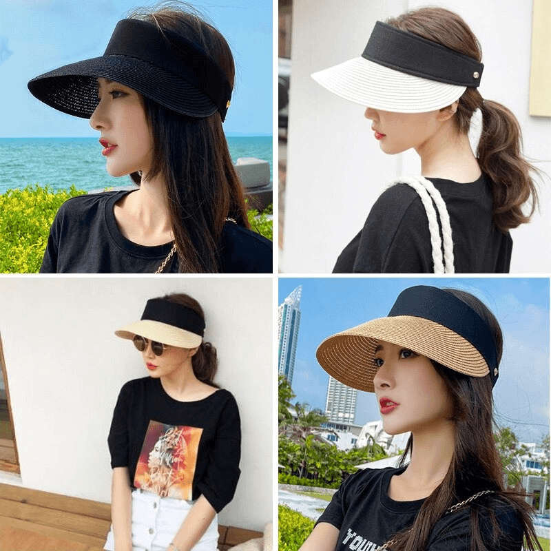 Stylish women wearing lightweight straw sun hats with adjustable fasteners and solid patterns, perfect for summer outdoor activities.