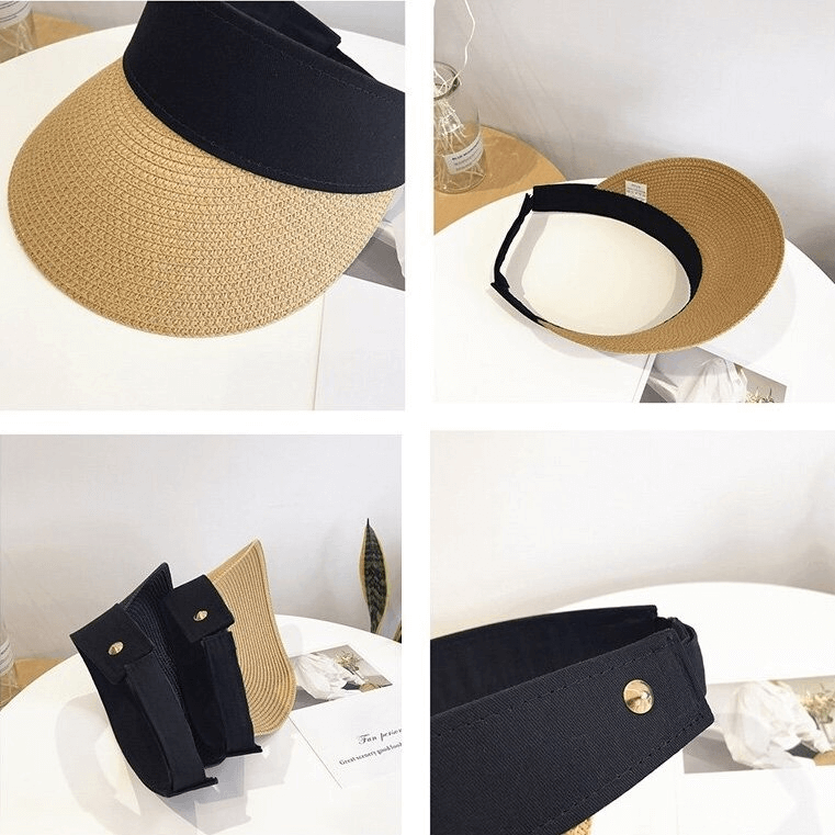 Lightweight straw summer hat with adjustable fastener in black and beige, perfect for outdoor casual style and sun protection.
