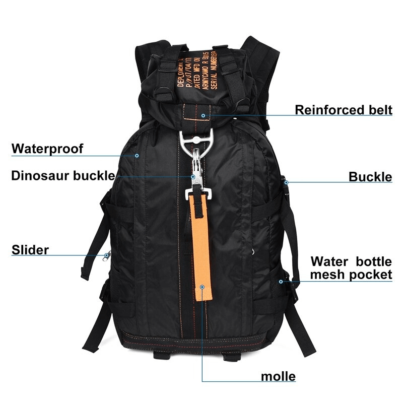 Tactical travel rucksack with dinosaur buckle, waterproof exterior, reinforced belt, and multiple pockets for hiking and camping.