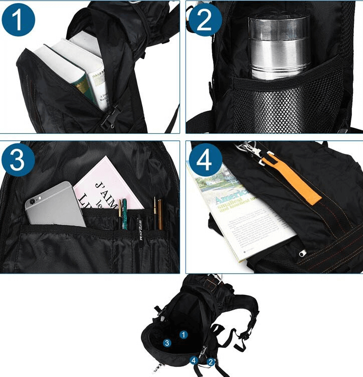 Lightweight tactical travel rucksack with compartments for books, bottle, phone, and accessories, perfect for hiking and camping.