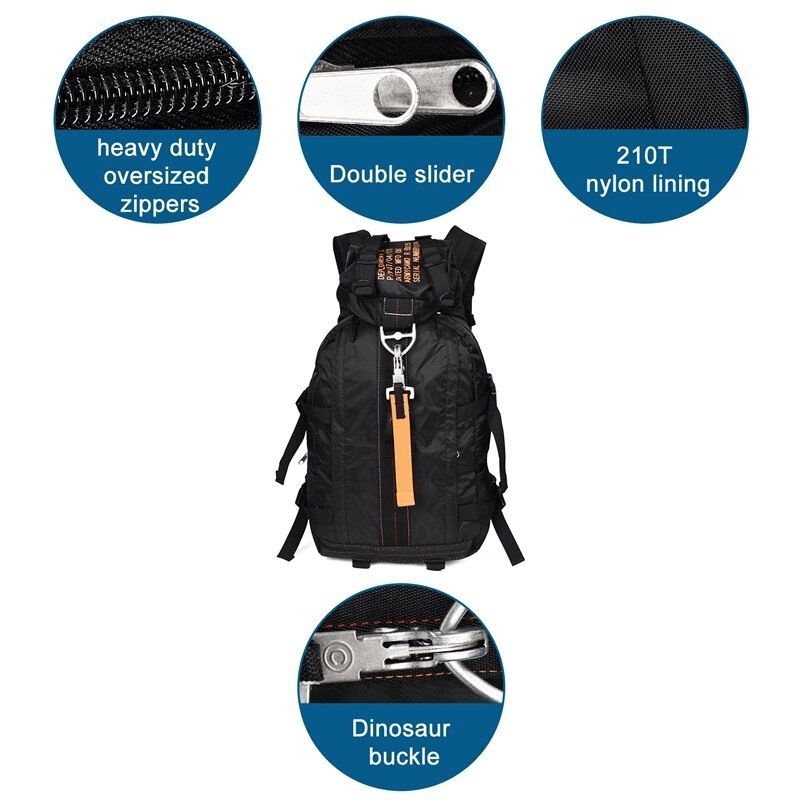 Image of the Lightweight Tactical Travel Rucksack for Hiking and Camping featuring heavy-duty zippers, double slider, and nylon lining.