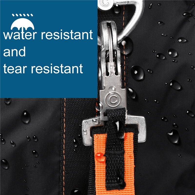 Close-up of water and tear resistant rucksack zipper with raindrops, showing durability of Lightweight Tactical Travel Rucksack.
