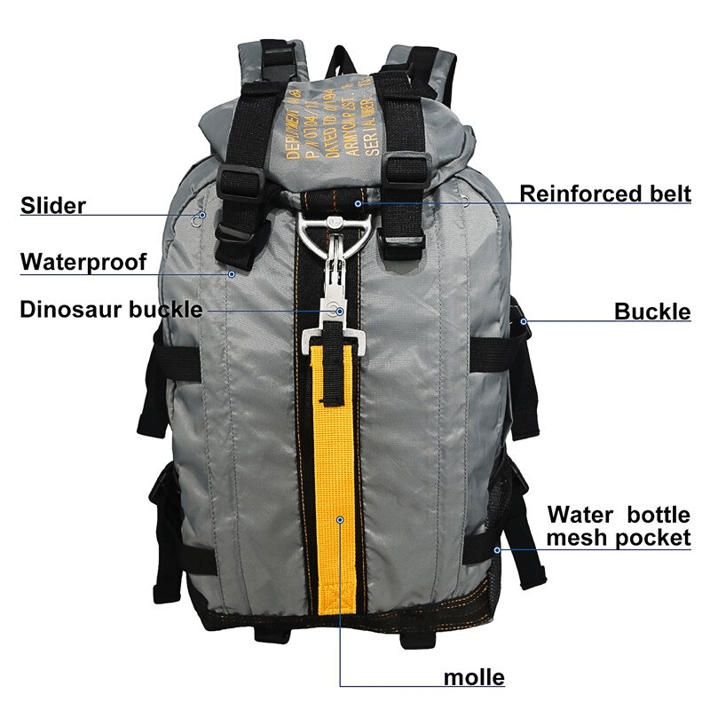 Gray lightweight tactical rucksack with labeled features like waterproof material, dinosaur buckle, molle webbing, and mesh water bottle pocket.