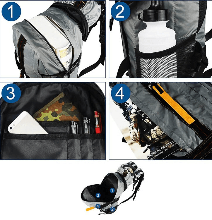 Lightweight tactical rucksack with adjustable straps, spacious compartments, and pockets ideal for hiking and camping gear.