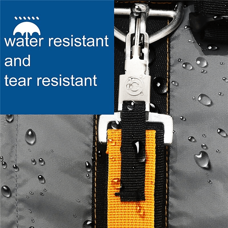 Close-up of the Lightweight Tactical Rucksack showing water and tear-resistant features, with droplets and sturdy buckle detail.