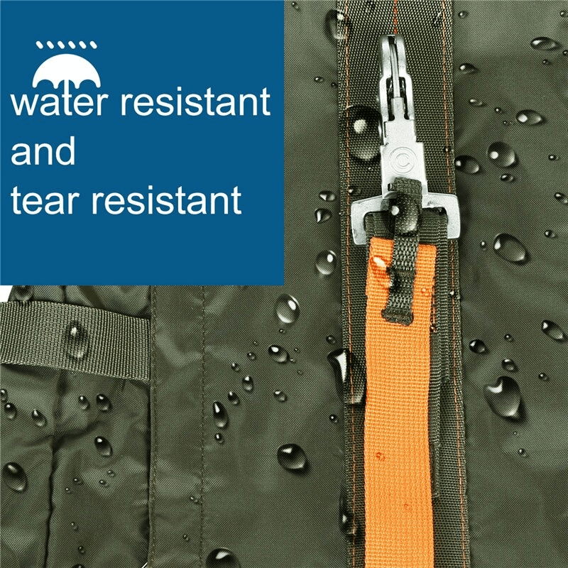 Close-up of a water and tear-resistant tactical rucksack with an orange strap, showing droplets highlighting its durability. Ideal for hiking.