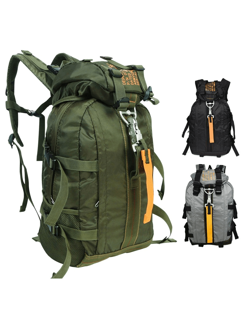 Lightweight tactical travel rucksack in green with two more color options, ideal for hiking and camping adventures, featuring multiple pockets.
