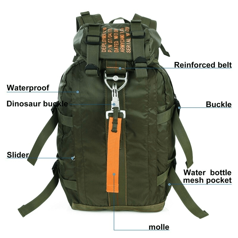 Olive green tactical rucksack with labeled features: waterproof, dinosaur buckle, buckle, reinforced belt, molle, slider, mesh pocket.