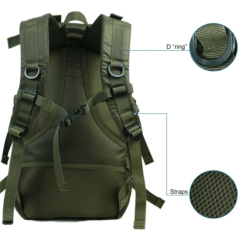 Back view of a lightweight tactical travel rucksack showing adjustable straps and D-rings, ideal for hiking and camping.
