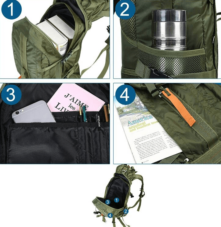 Lightweight tactical travel rucksack showing spacious compartments and pockets for hiking and camping essentials.