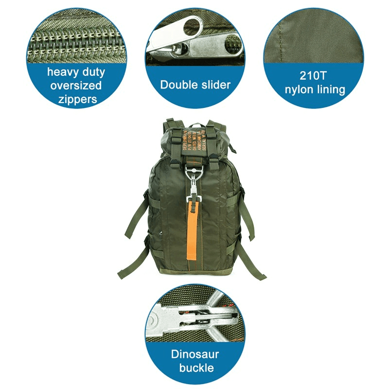 Lightweight Tactical Travel Rucksack with oversized zippers, double slider, 210T nylon lining, and dinosaur buckle for hiking and camping.
