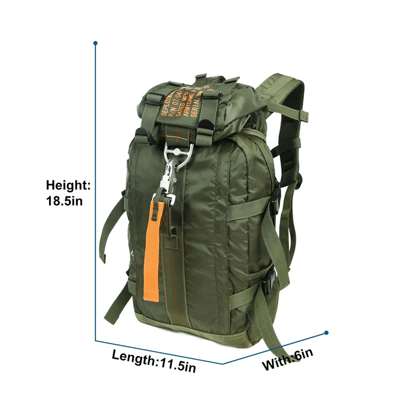 Olive green tactical rucksack for hiking with measurements: 18.5in height, 11.5in length, 6in width, featuring multiple pockets and straps.