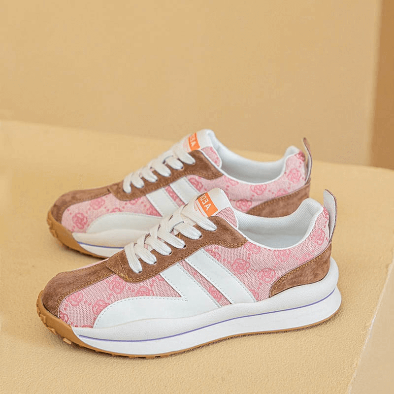 Cozy genuine leather lace-up ankle sneakers with pink print, featuring a round toe, rubber outsole, and stylish design - SF0978