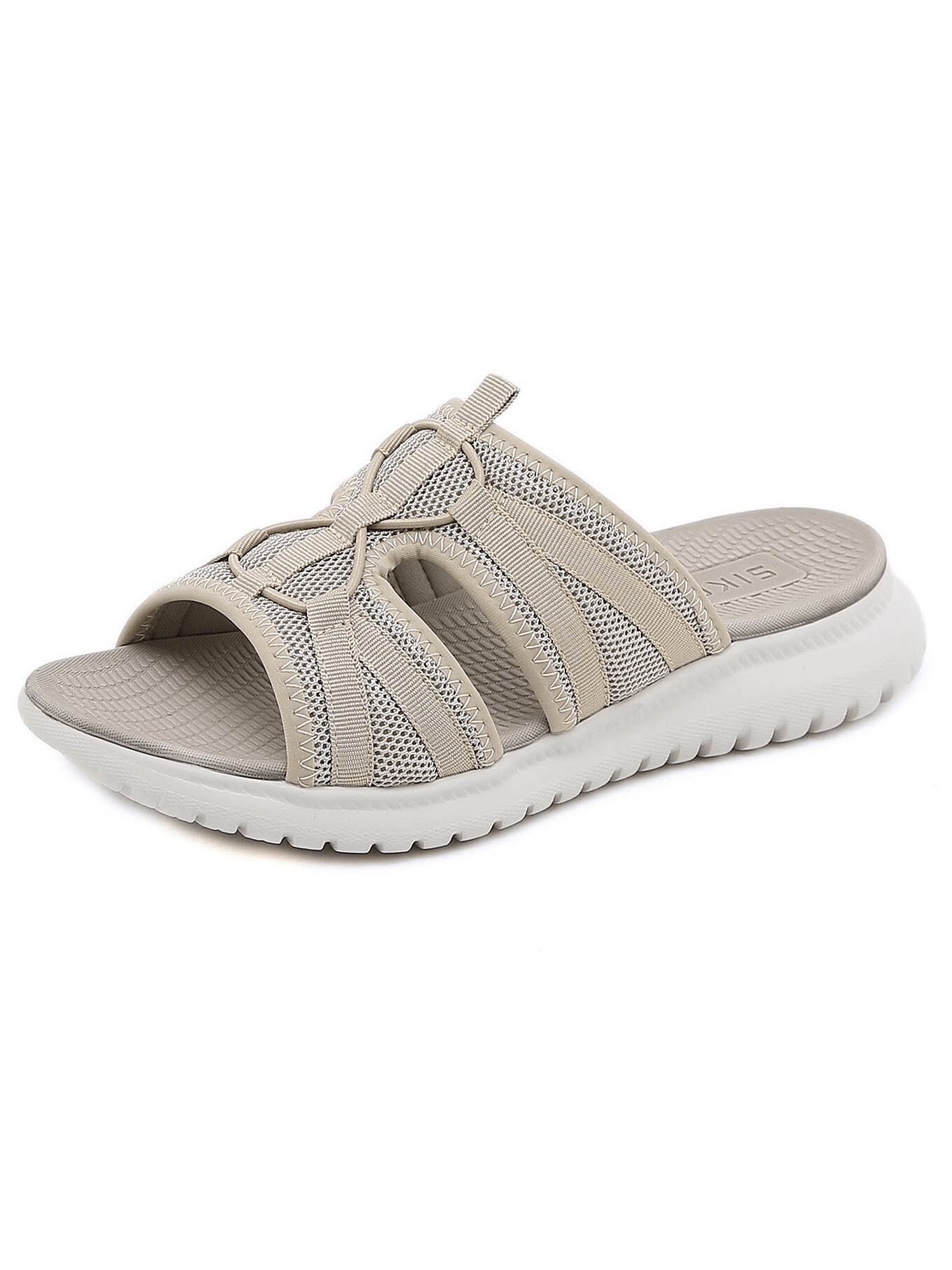 Lightweight waterproof beige athletic flat slippers for women with breathable mesh design and comfy sole, perfect for active wear.