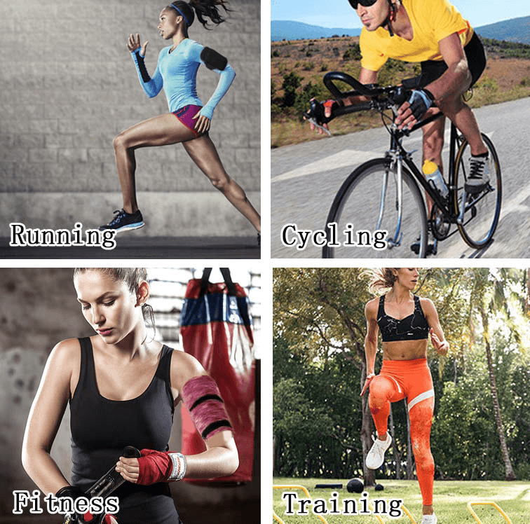 Collage of athletes using a lightweight zipper arm bag for running, cycling, fitness, and training, showcasing its versatility.