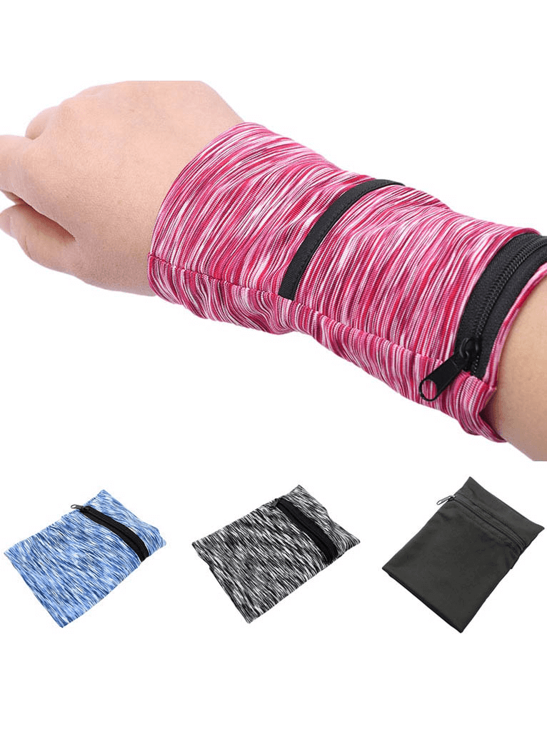 Unisex lightweight zipper running arm bag in red, holding essentials on wrist. Available in blue, black, and gray. SF1042 sports wristlet.