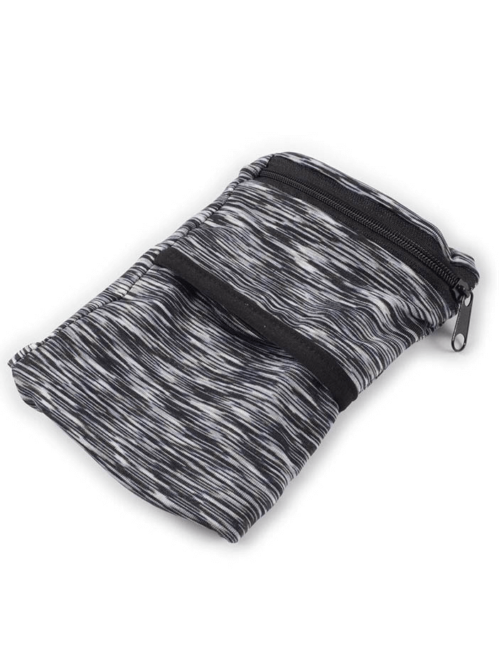Black and white striped lightweight zipper running arm bag for phone and keys, ideal for athletes, made of breathable Ice Silk fabric.