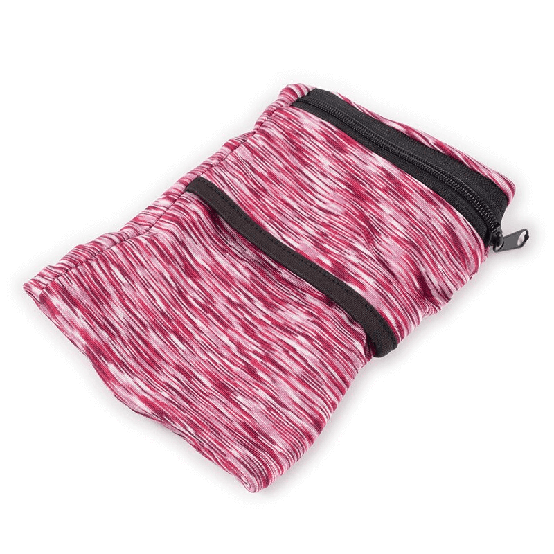 Lightweight red and white striped running arm bag with zipper for phone and keys, featuring breathable ice silk material.