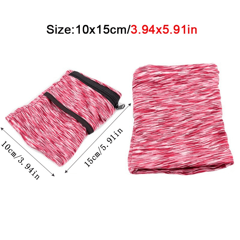 Red lightweight zipper running arm bag with black zipper, shown in folded and open position; size 3.94 x 5.91 inches.