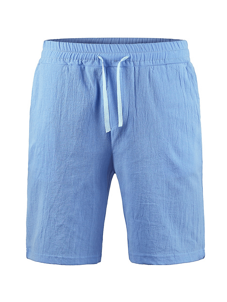 Light blue linen breathable men's shorts with drawstring, mid-rise waist, and side pockets for summer comfort.
