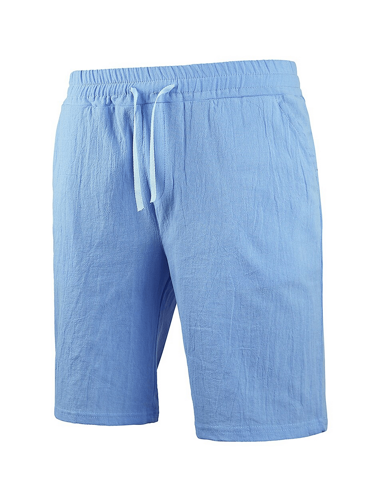 Light blue linen men's sports shorts with drawstring and pockets, perfect for summer.