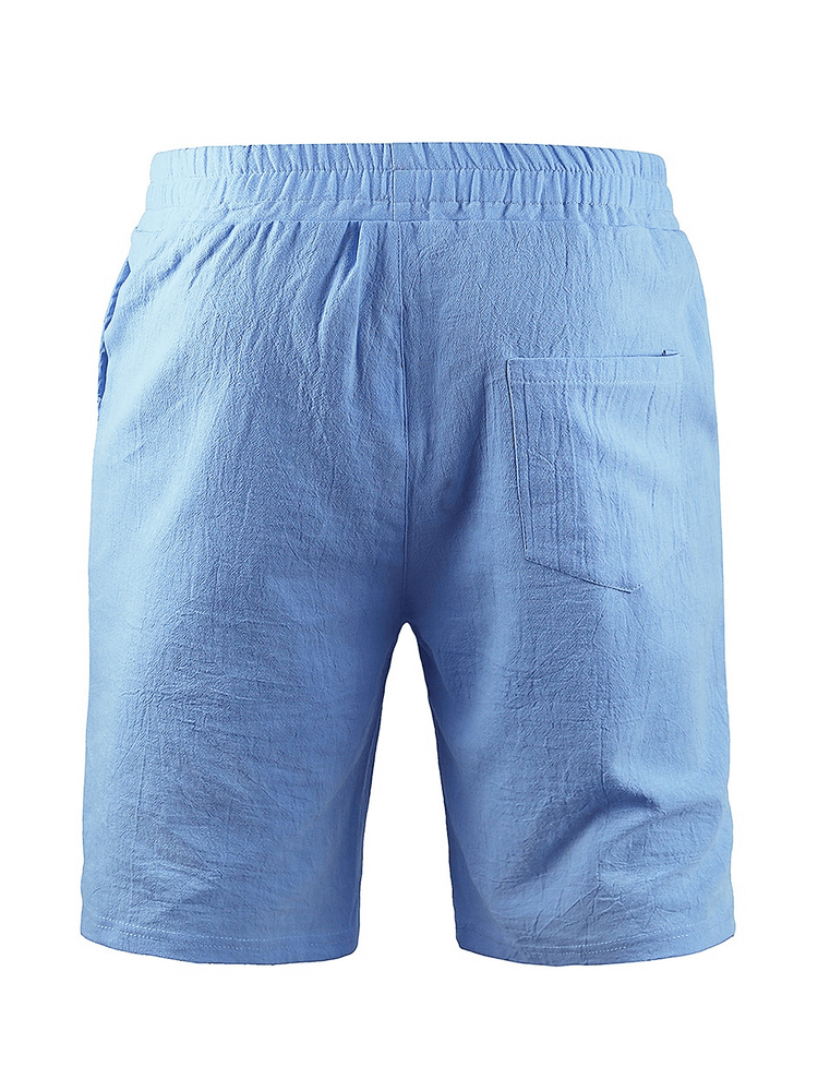 Linen Solid Color Breathable Men's Blue Shorts with Drawstring and Pockets - SF1118