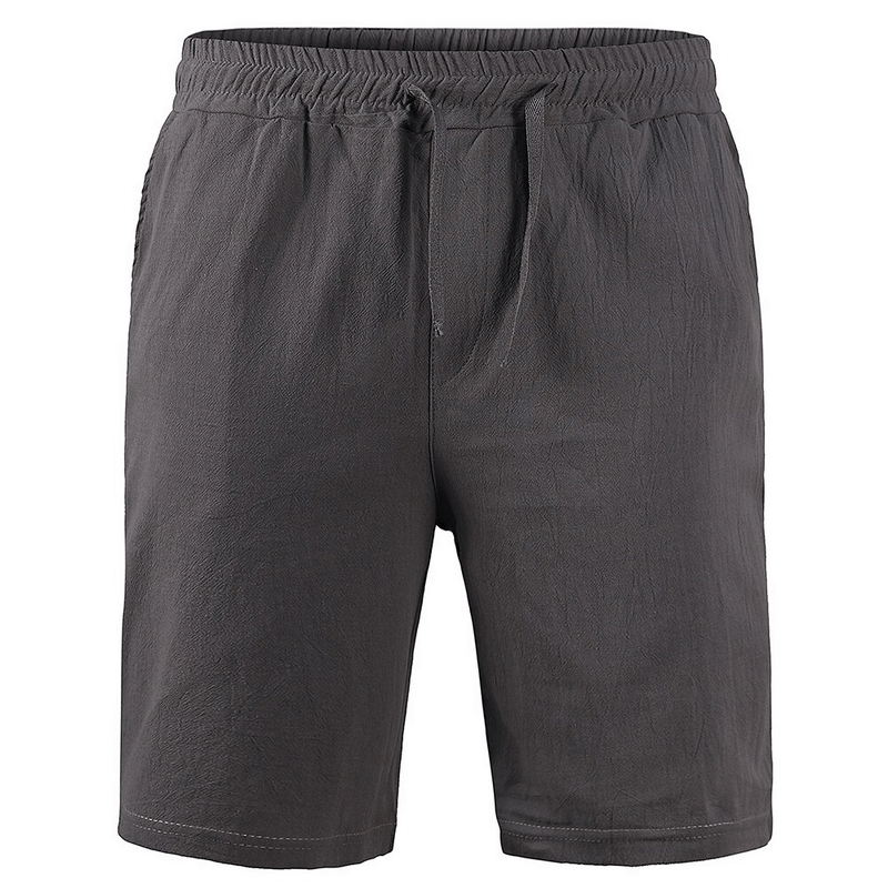 Dark grey linen solid color breathable men's sports shorts with drawstring and side pockets.