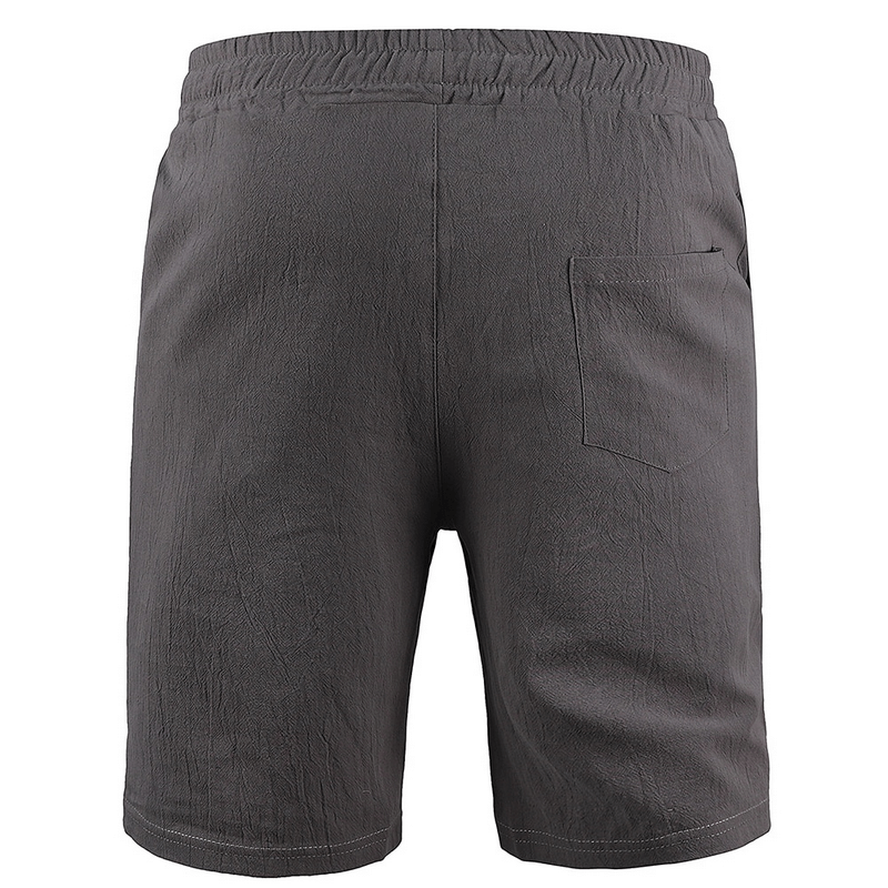Linen breathable men's shorts, solid color, with waistband and drawstring closure, featuring side pockets for summer comfort.