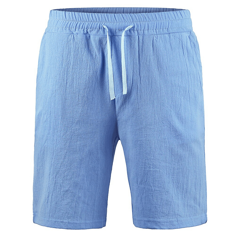 Sky blue linen breathable men's sports shorts with drawstring and pockets; perfect for summer comfort and style.
