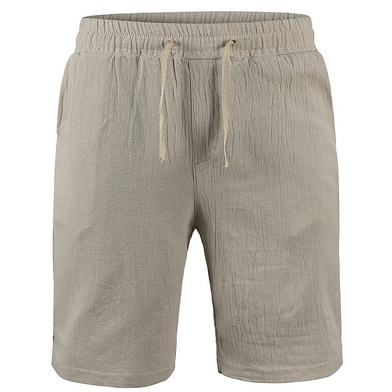 Men's breathable linen shorts in solid color with drawstring, featuring a mid-rise waistband and side pockets for summer comfort.
