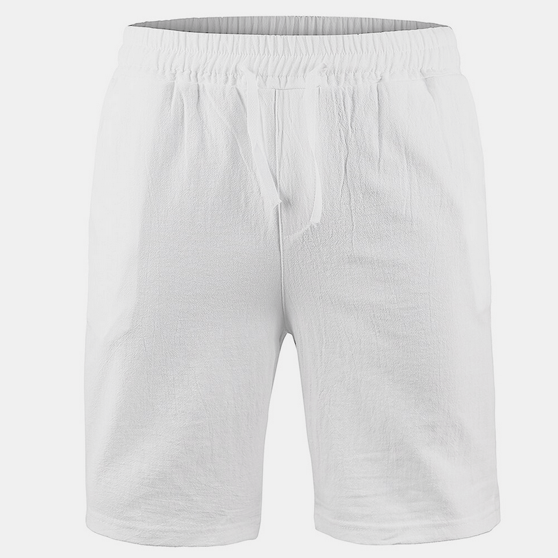 White linen solid color men's sports shorts with drawstring, breathable mid-rise design, SF1118