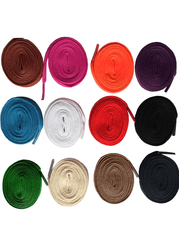 Colorful long flat shoelaces for sports shoes, available in 12 vibrant colors such as blue, green, and red. Durable and flexible polyester laces.