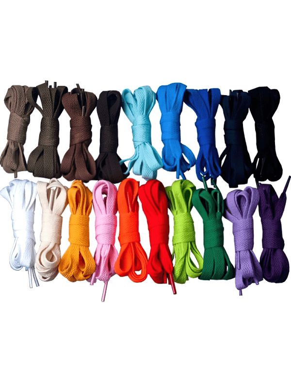 Colorful flat shoelaces for sports shoes, featuring durable and flexible polyester construction, perfect for active use.