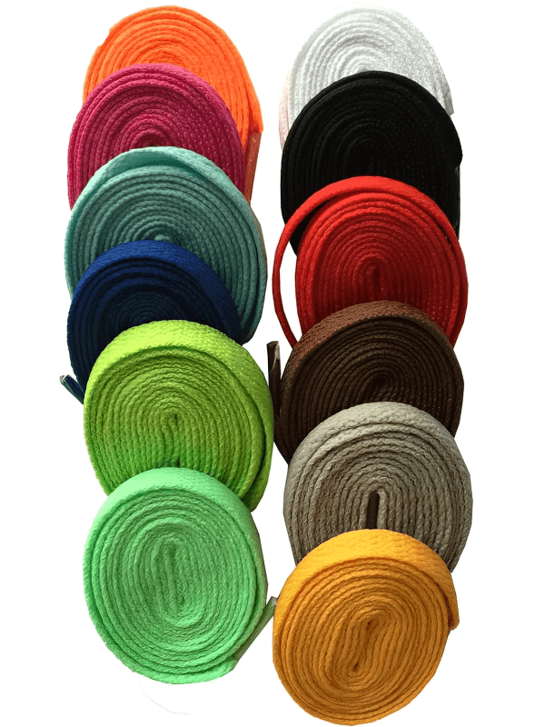 Colorful assortment of long plain flat shoelaces for sports shoes, featuring vibrant shades like red, blue, green, and orange.