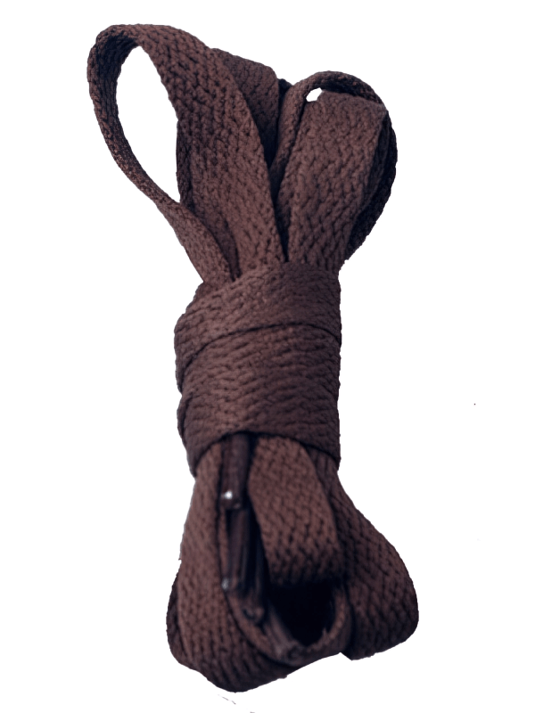 Long brown flat shoelaces for sports shoes, 86.5 inches, durable polyester construction.