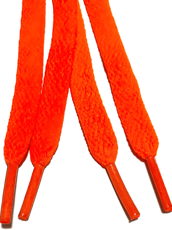 Vibrant orange flat shoelaces for sports shoes, 86.5 inches long, made of durable polyester for a secure and comfy fit.