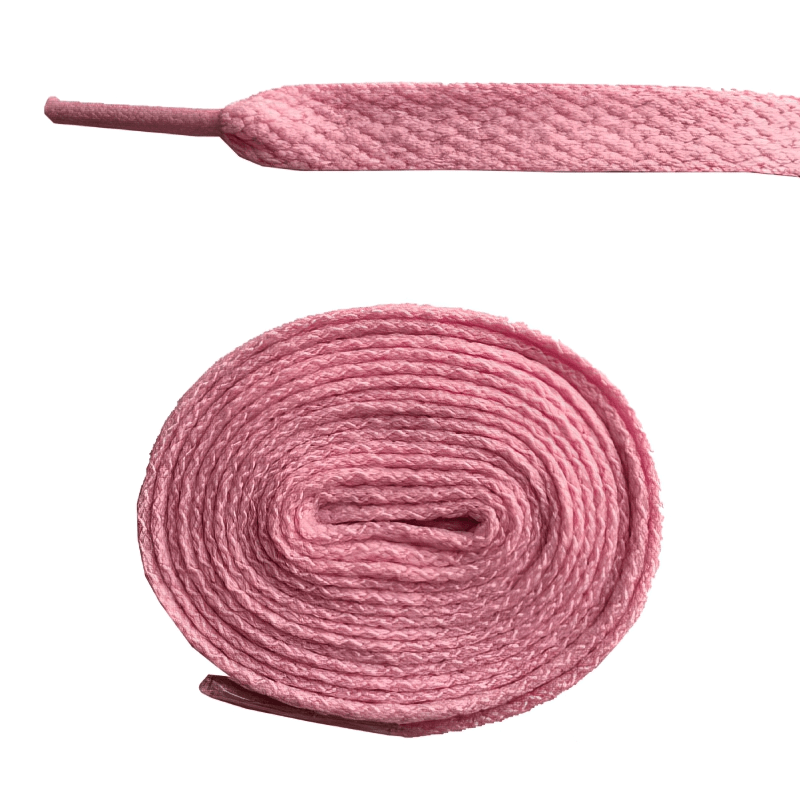 Pink long plain flat shoelaces rolled up, ideal for sports shoes, durable polyester, 86.5 inches, perfect for active wear.
