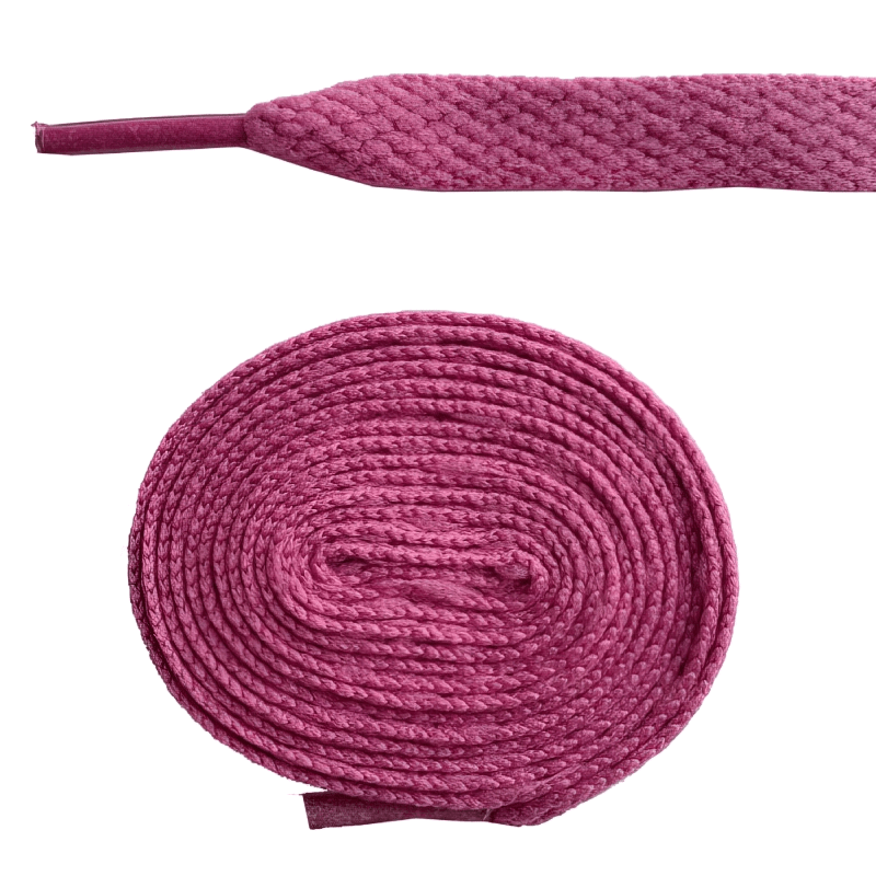 Long plain flat pink shoelaces for sports shoes, rolled and close-up of tip. Durable polyester for reliable hold, 86.5 inches length.