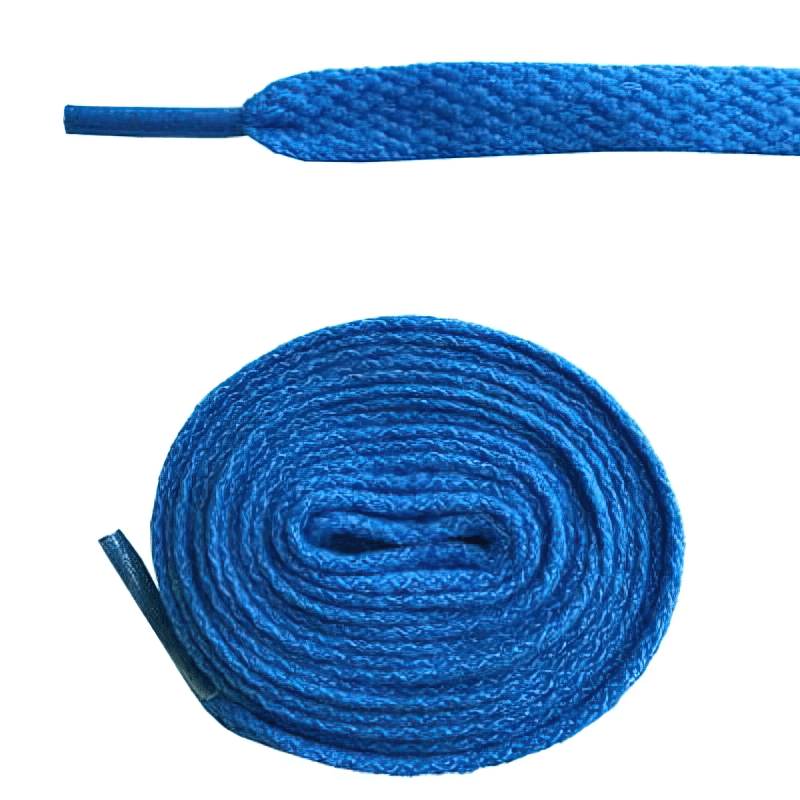 Blue long plain flat shoelaces for sports shoes, 220cm durable polyester, rolled with close-up view, perfect for athletic footwear.