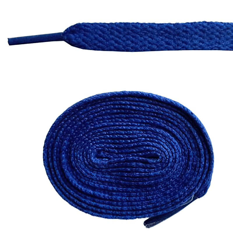 Long plain flat blue shoelaces for sports shoes, 86.5 inches, ultra-durable polyester, flexible and reliable for unisex footwear.