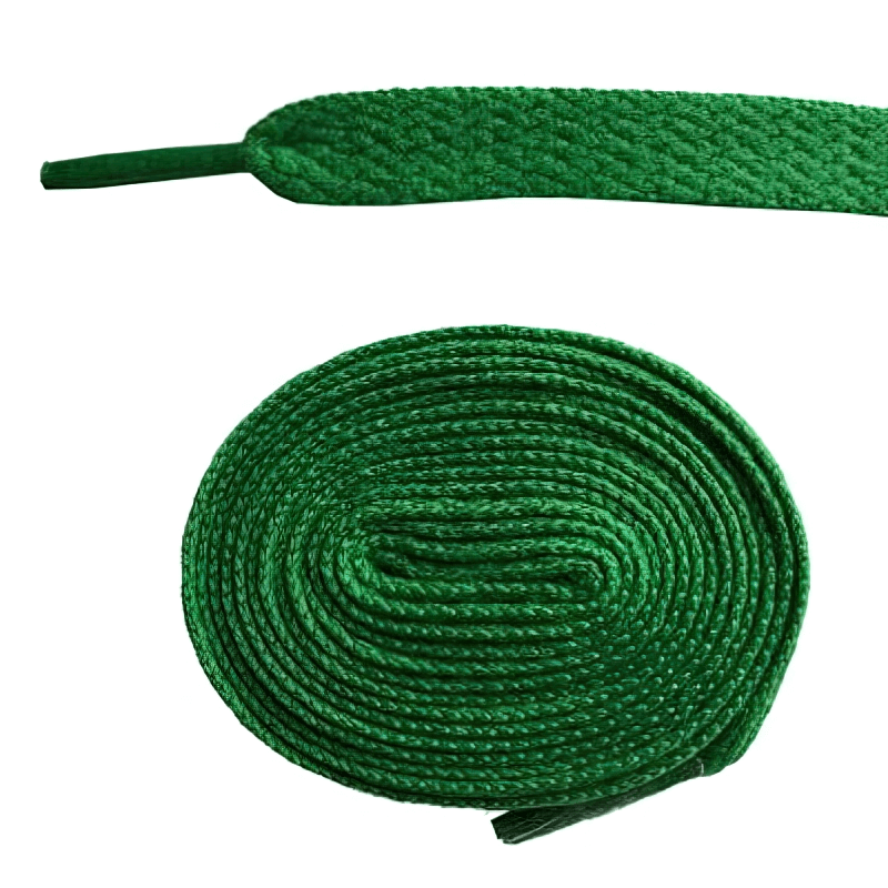 Green long plain flat shoelaces for sports shoes, 86.5 inches, rolled and unrolled view, perfect for unisex footwear. Durable polyester.
