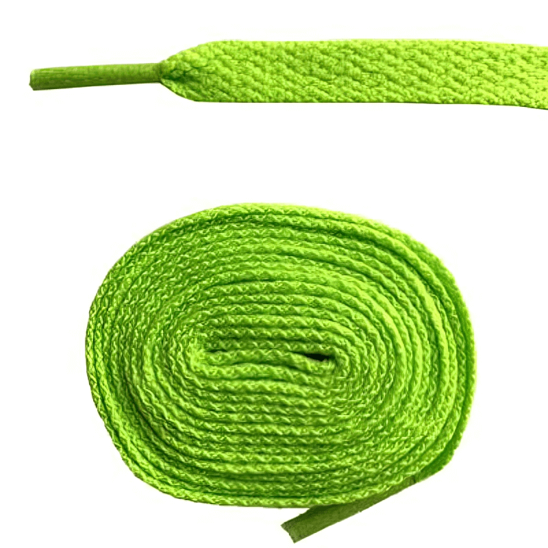 Bright green long plain flat shoelaces for sports shoes, measuring 86.5 inches, made from durable polyester for a secure fit in any activity.