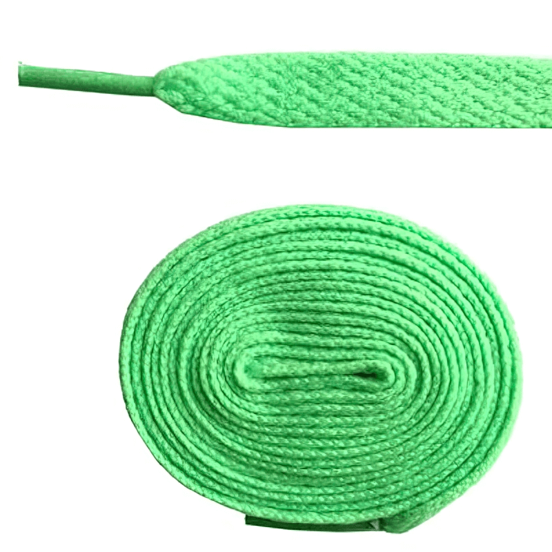 Vibrant green long plain flat shoelaces for sports shoes, durable polyester construction, ideal for reliable and flexible athletic use.