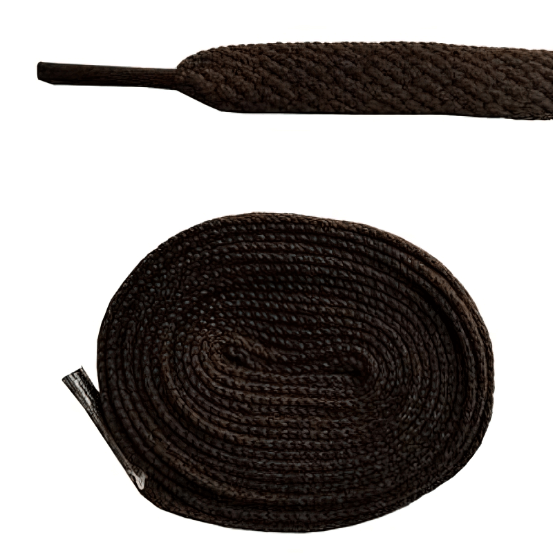 Long brown flat shoelaces for sports shoes, 86.5 inches, durable polyester, rolled and laid out.