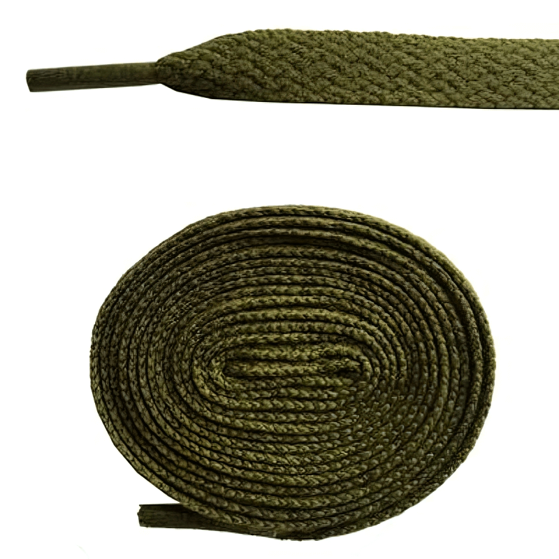 Long plain flat shoelaces for sports shoes in green, rolled and unrolled, durable polyester construction, 220cm length