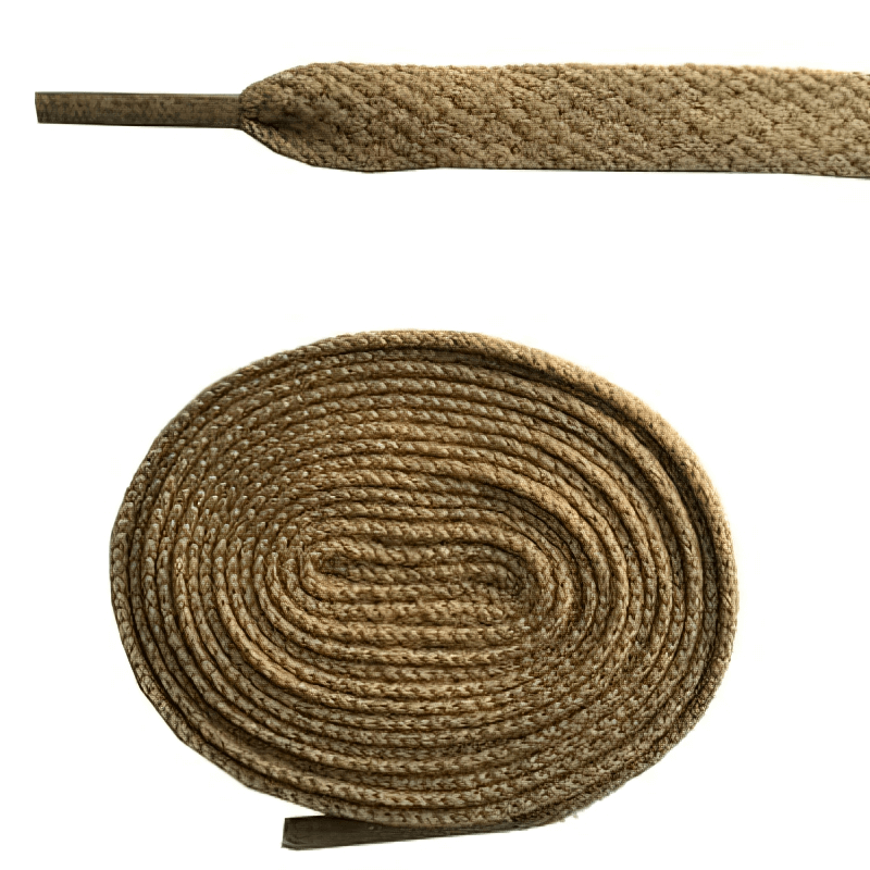 Long plain flat shoelace for sports shoes in beige, rolled and laid flat, showcasing durable polyester material and 86.5-inch length.