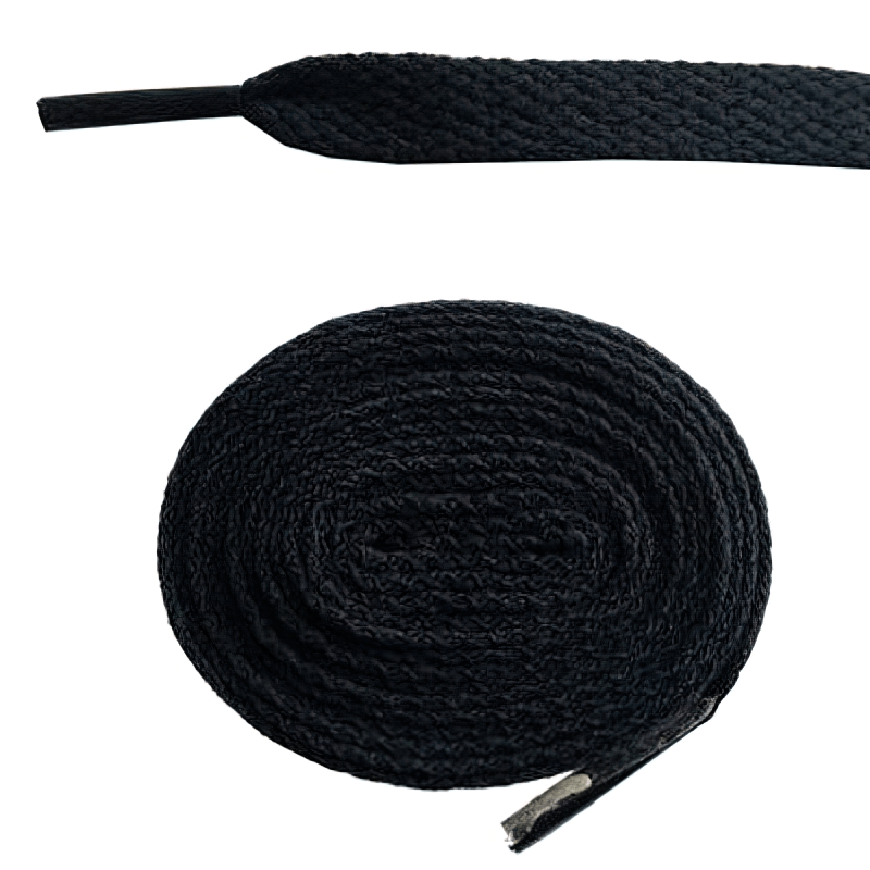 Black long plain flat shoelaces for sports shoes, 220cm, ultra-durable polyester, coiled with lace tip visible.