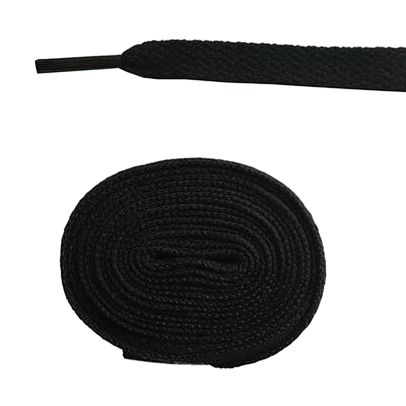 Long plain flat black shoelaces for sports shoes, 86.5 inches, showcasing durable polyester material and compact rolled presentation.