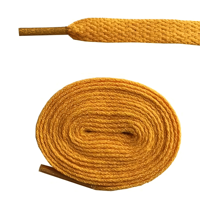 Golden yellow flat shoelaces for sports shoes, rolled and partially extended, made from durable polyester for a snug fit during activities.