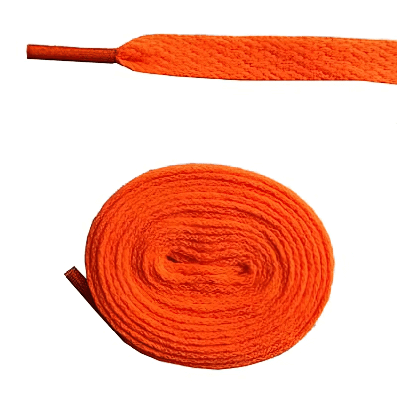 Bright orange long flat shoelaces, ideal for sports shoes. Durable polyester, 220cm length. Perfect for securing a snug fit.